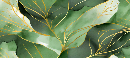 green watercolor background with golden line and Liquid marble texture. Seamless pattern. Generative AI.