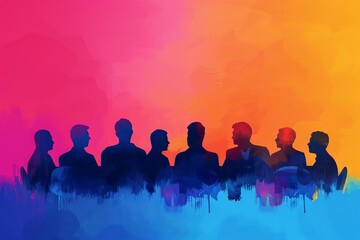 Silhouettes of people in a vibrant abstract background, representing a meeting or discussion. Perfect for business or teamwork concepts.