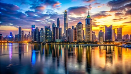Obraz premium Panoramic view of majestic cityscape featuring iconic skyscrapers, neon lights, and stunning waterfront along serene evening horizon.