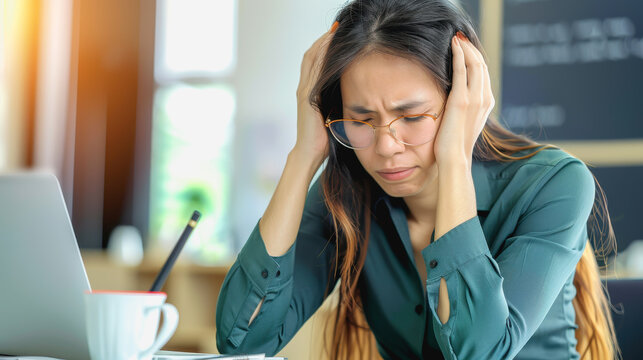 Stressed businesswoman in office with head in hand,  conveying frustration and fatigue.
