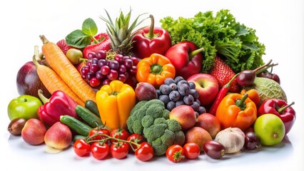 Vibrant arrangement of ripe stone fruits and crunchy vegetables set against a clean white backdrop, evoking freshness and abundance.