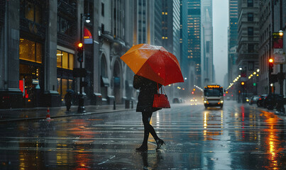 Fototapeta premium Woman walking on a rainy city street while holding a umbrella