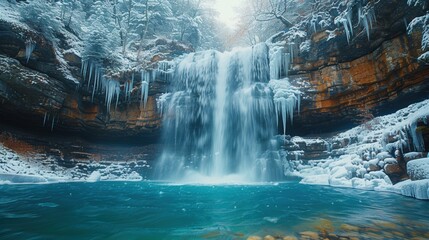 Naklejka premium A stunning frozen waterfall in a winter landscape, with icicles hanging and snow-covered surroundings.