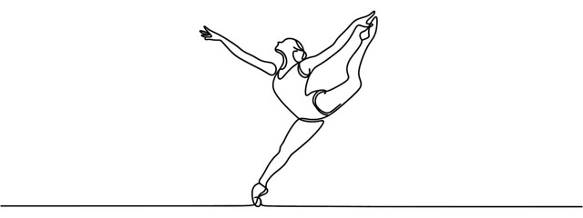 One continuous line drawing of young graceful woman ballet dancer perform beauty classic dance at stage of opera house. Ballet performance concept. Dynamic single line draw design vector illustration