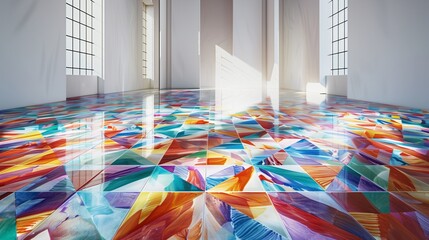 Fototapeta premium An empty light room with a floor of hand-painted ceramic tiles in a vibrant, kaleidoscopic pattern