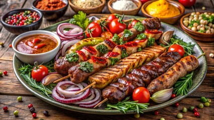 Savory arrangement of succulent grilled meats, sausages, and kebabs on a plate, embellished with rich vibrant sauces and garnishes.