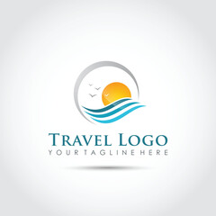 Travel Logo Template. Sunset and Wave icon. Vector Illustrator