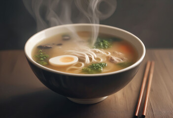 A steaming bowl of miso soup, blurred background