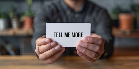 Examine the content on the card held in hands, abstract idea in the backdrop.