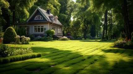 Charming cottage house surrounded by beautiful garden landscape at sunset.