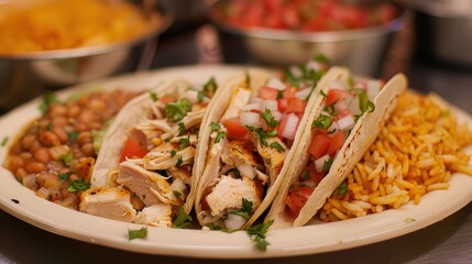 Chicken Tacos with Rice and Beans on Plate