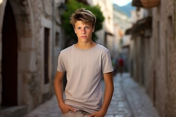 A young man stands in front of a building with a grey shirt on