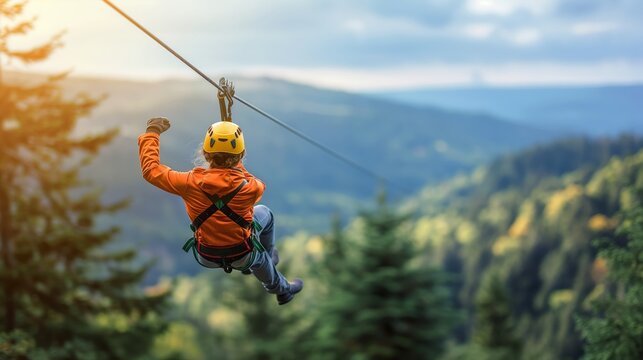 Adventurer on a zipline ride through a lush forest with a beautiful mountain view under a cloudy sky during sunset
