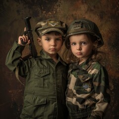 Young Boy and Girl in Military Attire