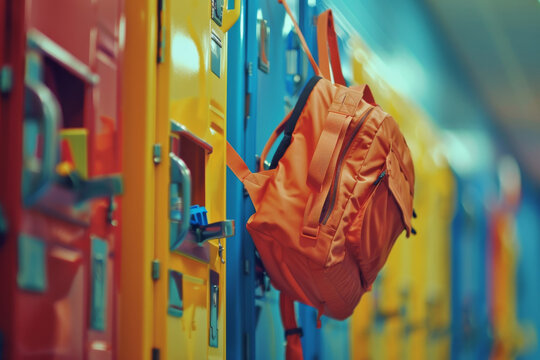 Row of lockers and backpack. ack to school background