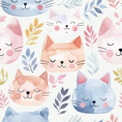 Cute watercolor cat faces seamless pattern. Adorable kitty background for kids, nursery, textile, fabric.  Pastel colors with leaves and branches