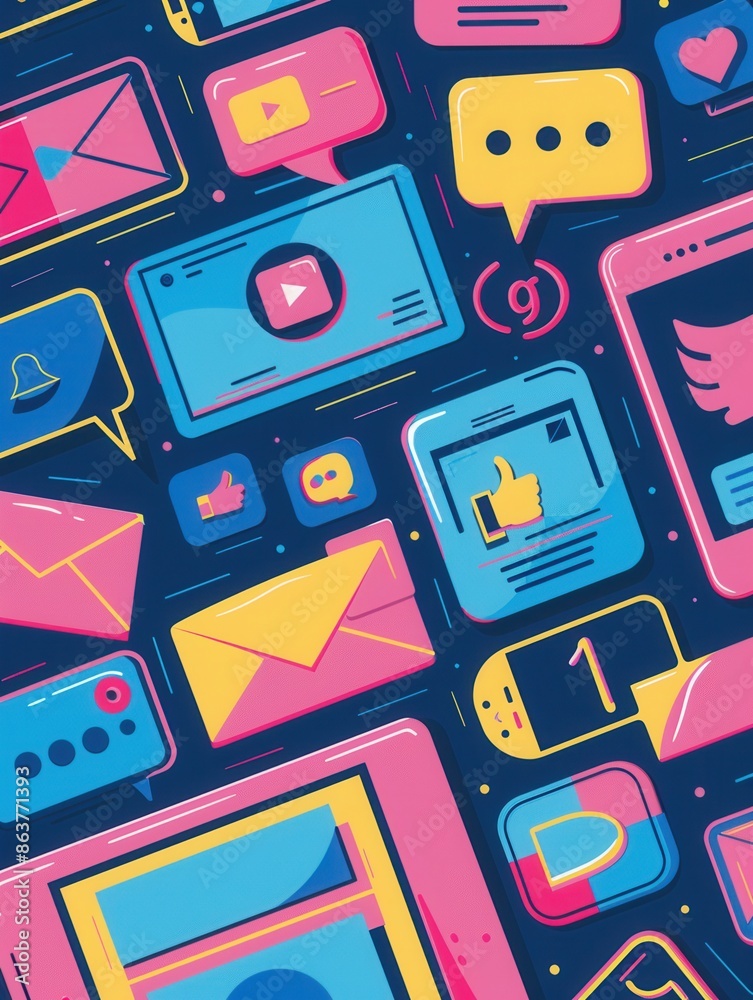 Poster abstract graphic with bright, colorful social media icons and ads in a promotional design ideal for 