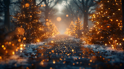 A magical winter forest path adorned with twinkling lights, creating an enchanting and serene atmosphere perfect for holiday and fantasy themes.