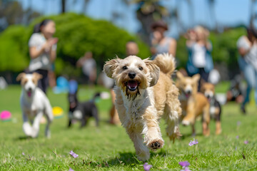 Joyful dog race in the park celebrating National Dog Day. Fun and active pet event.