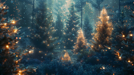 Obraz premium A magical winter forest illuminated by sparkling lights, creating an enchanting and serene atmosphere perfect for holiday and fantasy themes.
