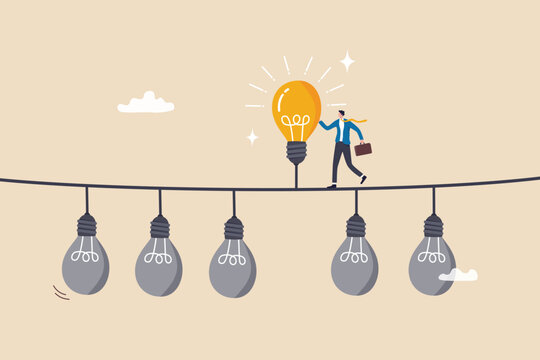 Difference idea innovation, discover opportunity to success, creativity or passion to improve career, wisdom or smart discovery concept, businessman discover bright lightbulb from difference others.