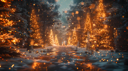 A winter forest path adorned with glowing festive lights, creating a magical and enchanting atmosphere perfect for holiday and fantasy themes.