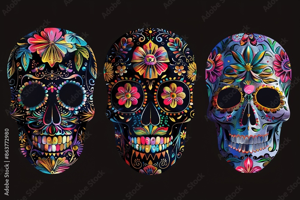 Wall mural Day of the dead beautiful colorful illustration, sugar skull decorated with flowers