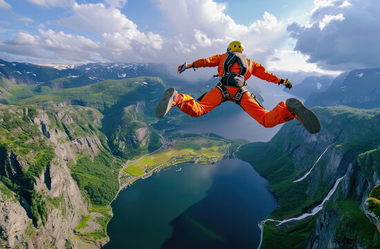 A man was bungee jumping from a pulpit in Norway, with a lake below and green mountains in the background.