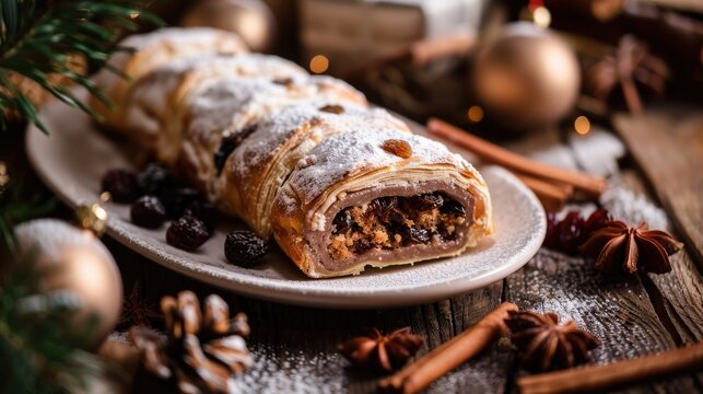 Traditional Dresdner Christmas Pastry with Marzipan Raisins and Sugar Icing