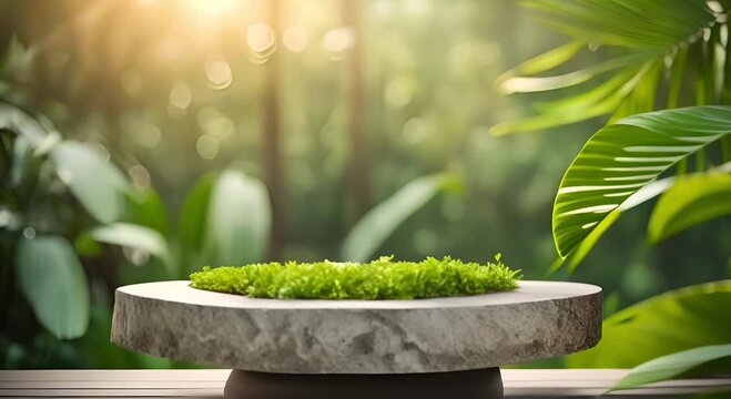 Stone podium with tropical forest natural background