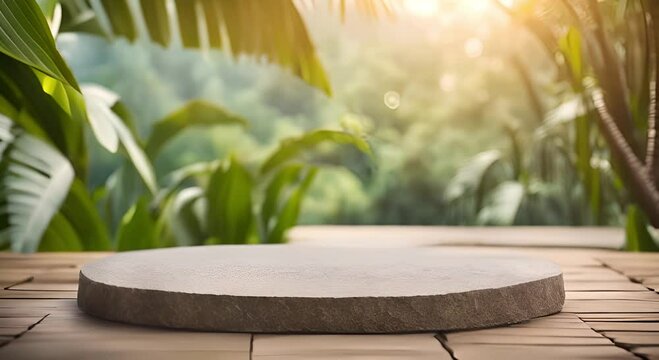 Stone podium with tropical forest natural background