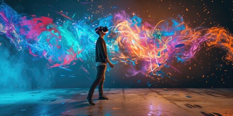 Skilled creative artist using VR glasses painting futuristic digital art at wall. Professional graphic designer making street art by using visual reality goggle with vibrant colorful color. AIG42. - Powered by Adobe