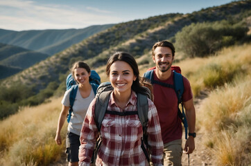 Group of Happy Friends Hiking Together on a Scenic Mountain Trail on a Sunny Day