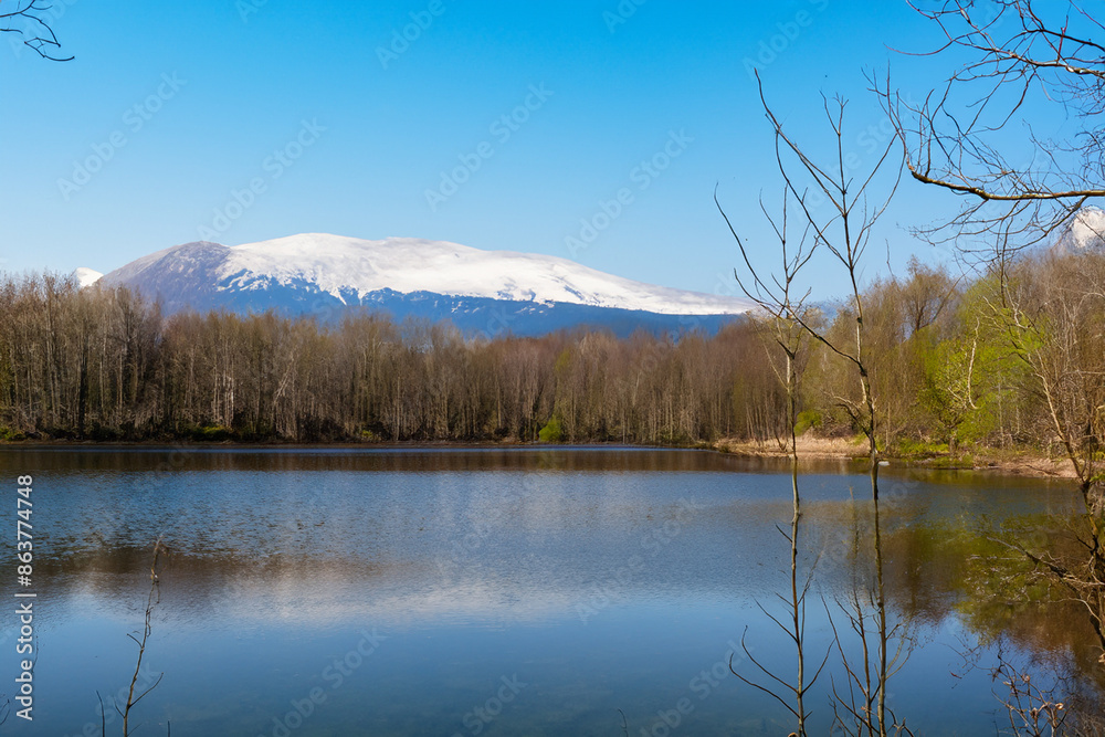 Wall mural spring landscape with lake and mountain