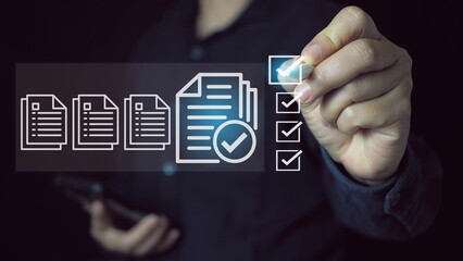  Corporate business technology concept.Document Management Checking System, online documentation database and process manage files, Magnifier check and focus to document folder, documentation.