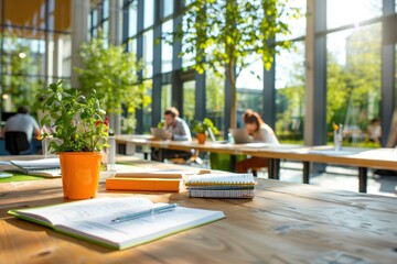 Diverse group of students studying together in a modern library, showcasing collaboration and learning