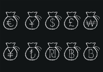 Bag with money icon set with chalk texture on black background. Dollar, pound sterling, yen, yuan, shekel, turkish lira, baht, won and euro dollar currency sign. Vector illustration. Not AI created.