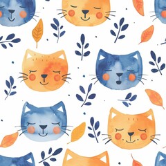 Cute Cat Faces and Leaves Seamless Pattern. Adorable Feline Watercolor Illustration for Kids, Babies, and Pet Lovers