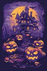 Fototapeta premium Graphic t-shirt design style halloween haunted house. Pumpkin heads. Purple background