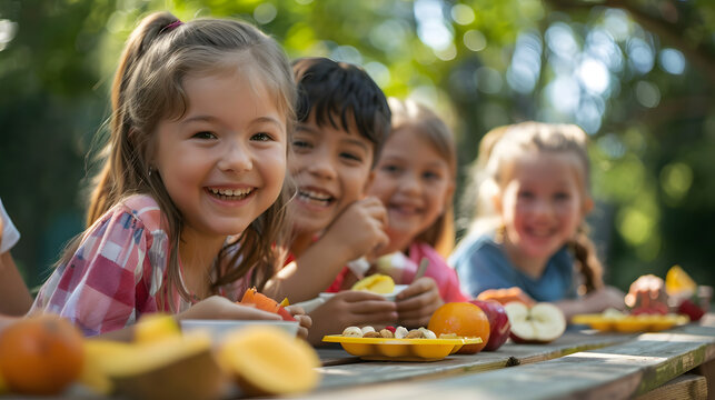 A group of joyful children sitting at a picnic table, enjoying healthy snacks outdoors on a sunny day. Ideal for themes of health, nutrition, childhood, and fun.