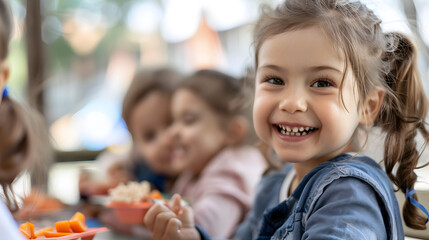 A cheerful young girl enjoying a meal with friends at an outdoor picnic table. Ideal for themes of friendship, childhood, and healthy eating.