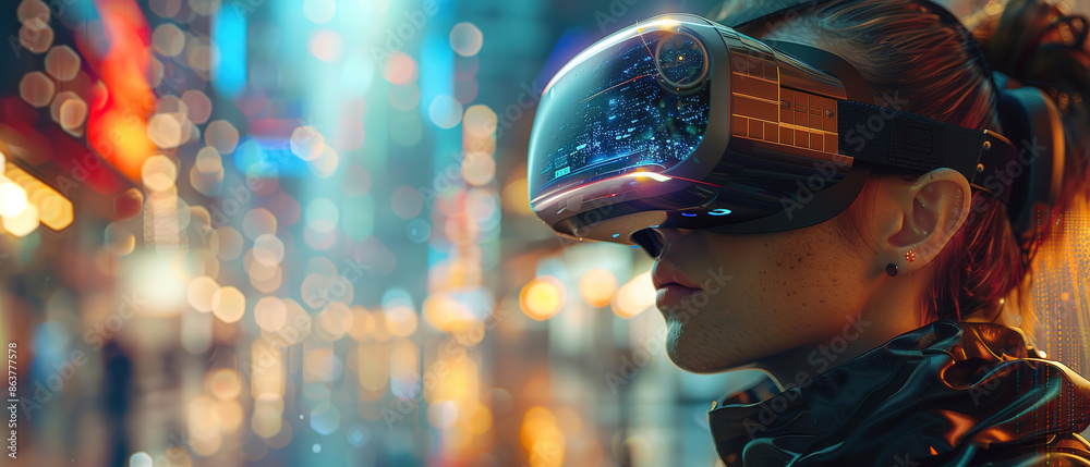 Wall mural Young woman wearing VR glasses with futuristic world background