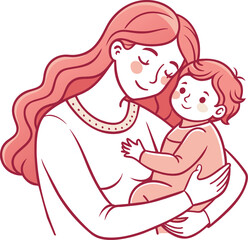 Mother and baby line art. Mom hugs child. Motherhood and newborn concept. Happy mother line vector illustration. Parent loving kid, happy mother day design for card