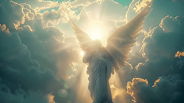 Guardian angel in the clouds of heaven. Spiritual background. Archangel. Heavenly angelic spirit with wings. White angel. Belief. Afterlife. Spiritual Angel. Blessing. Sky clouds with bright light ray
