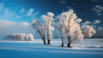 Landscape of beautiful snow covered trees and frozen lake