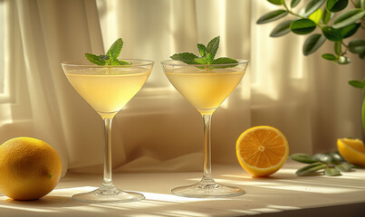 Two glasses of lemonade with mint leaves.