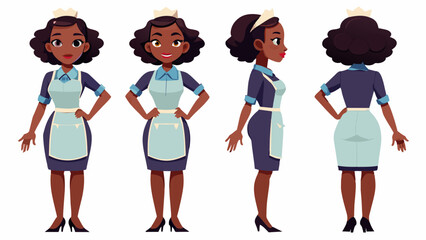 Fototapeta premium Professional Black Waitress Character in Multiple Poses: Front, Side, Back 