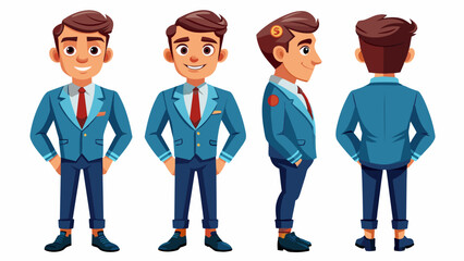 Naklejka premium Handsome Man Character Vector Set In Multiple poses : Side, Front, Back 