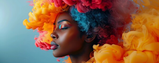 Beautiful African American woman with a colorful smoke cloud for hair, a colorful explosion of paint on a grey background, fashion photography