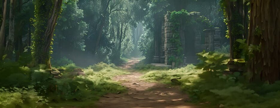 Mysterious forest path leading to a hidden clearing with ancient ruins, 4K hyperrealistic photo 4K Video